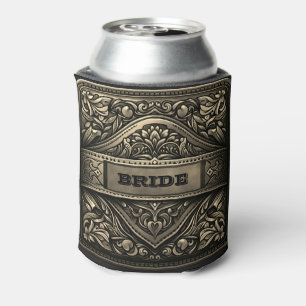 Western Leather Print Silver Wedding Bride Custom Can Cooler