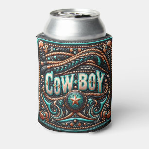 Western Leather Print Turquoise Brown Cowboy Can Cooler