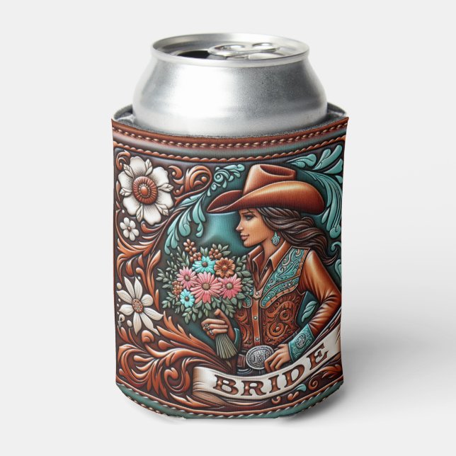 Western Leather Print Wedding Bride Custom Name Can Cooler (Can Front)