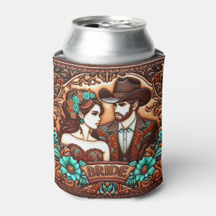 Western Leather Print Wedding Bride Custom Name Can Cooler