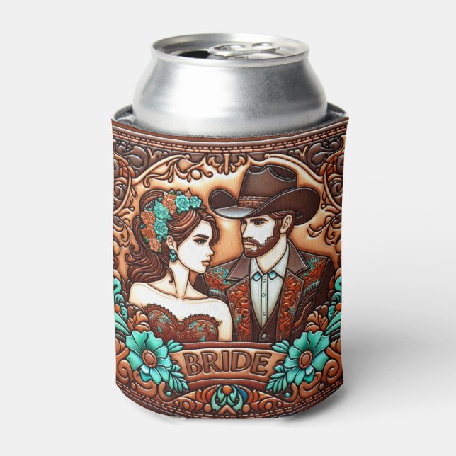 Western Leather Print Wedding Bride Custom Name Can Cooler (Can Front)