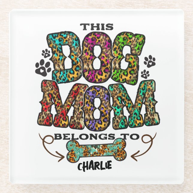 Western Leopard Patch Pattern Dog Mom Bone Pet Glass Coaster (Front)