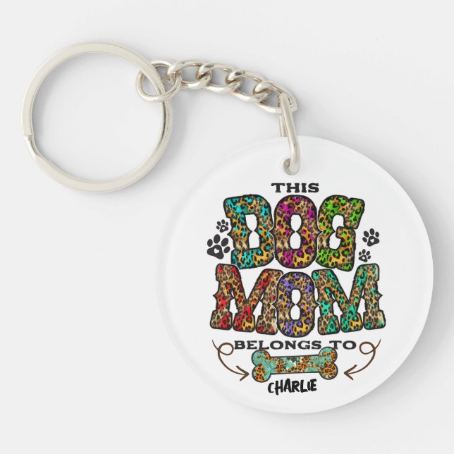 Western Leopard Patch Pattern Dog Mom Bone Pet Keychain (Front)