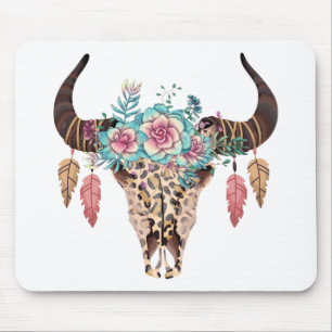 Western Leopard Print Floral Bull Mouse Pad