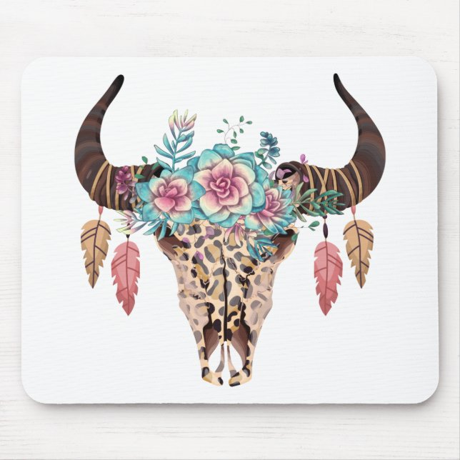 Western Leopard Print Floral Bull Mouse Pad (Front)
