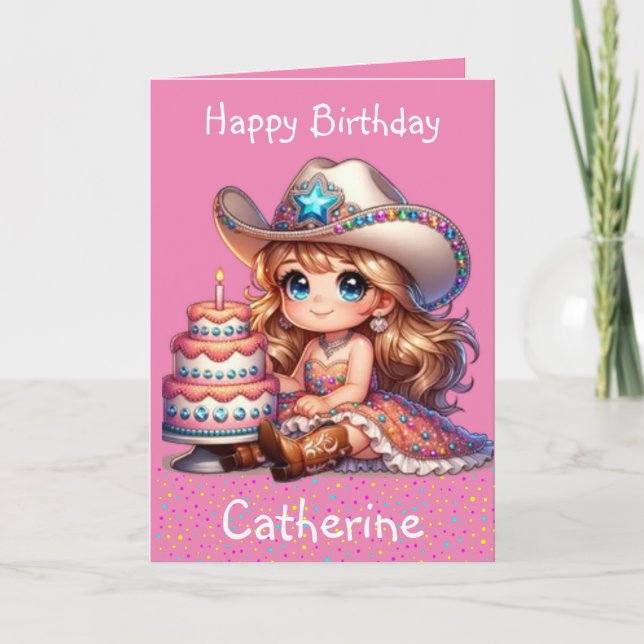 Western Little Cowgirl First Birthday Custom Card (Front)