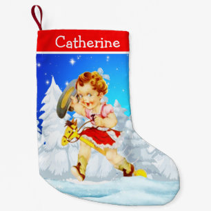 Western Little Cowgirl On Stick Horse Winter Scene Small Christmas Stocking