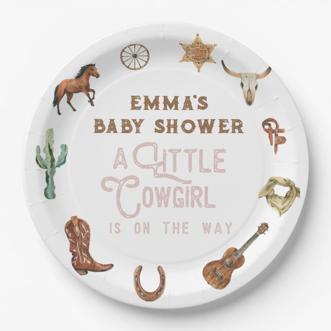 Western Little Cowgirl Photo Baby Shower Paper Plate (Front)