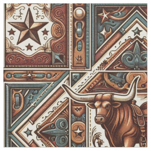 Western Longhorn Steer Brown and Teal  Fabric