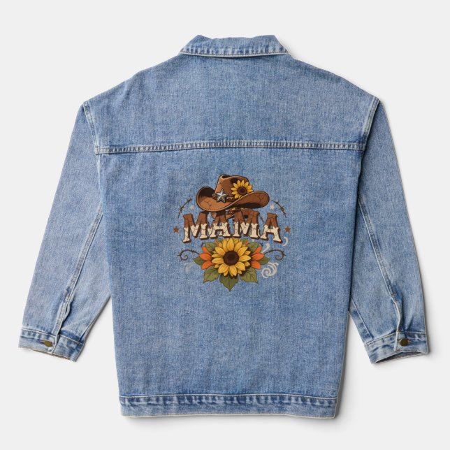 Western Mama Sunflower Cowgirl Design Denim Jacket (Back)