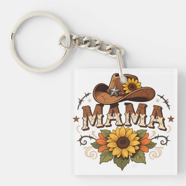 Western Mama Sunflower Cowgirl Design Keychain (Front)