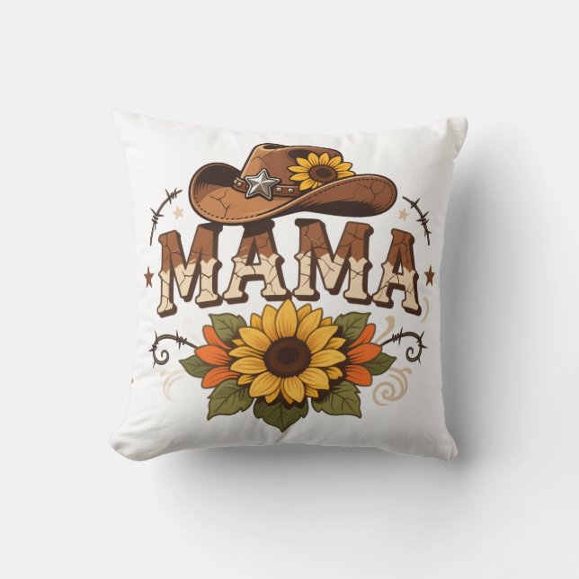 Western Mama Sunflower Cowgirl Design Throw Pillow (Front)