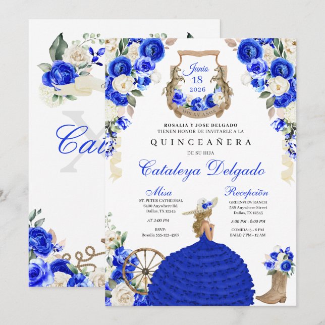 Western Mariachi Blue Roses Charro Quinceañera Invitation (Front/Back)