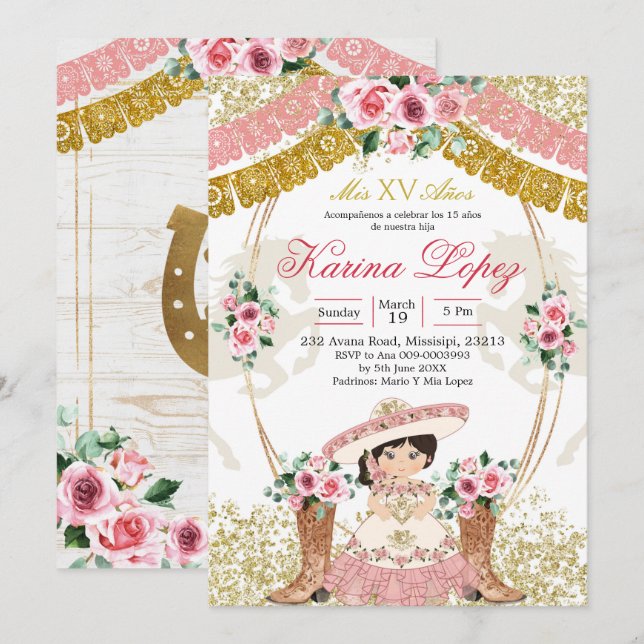 Western Mexican Pink Boot Charra Mis Quince Invitation (Front/Back)