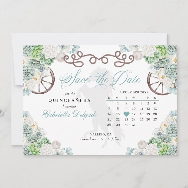 Western Mint Green Cacti Quinceañera Save The Date Invitation (Front)