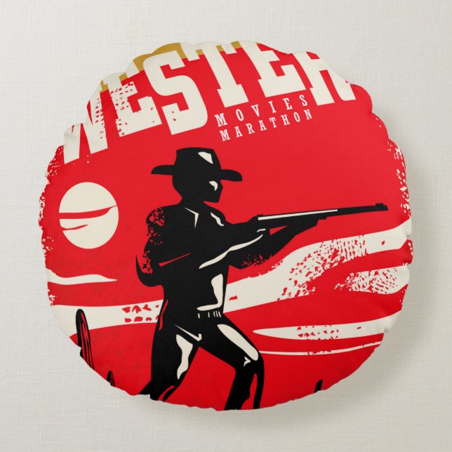 Western movies marathon retro poster design layout round pillow (Front)