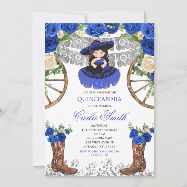Western Navy Blue and Silver Charra 15 Anos Invitation (Front)