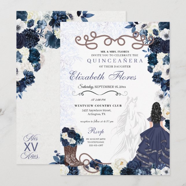 Western Navy Blue Princess Charra Quinceañera Invitation (Front/Back)