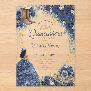 Western Navy Blue Roses Golden Country Quinceañera Acrylic Invitations