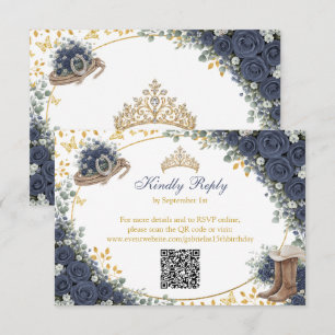 Western Navy Blue Roses Golden Country Quinceañera RSVP Card