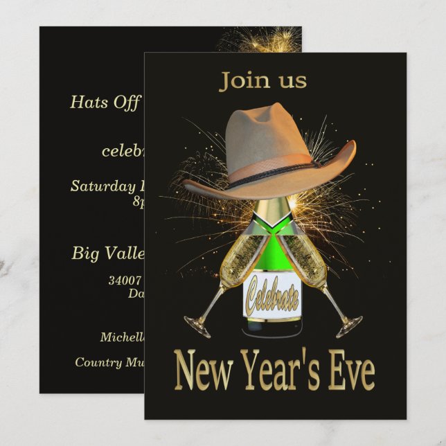 Western New Year's Eve Party Cowboy Hat Champagne Invitation (Front/Back)