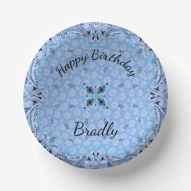 Western Paisley Blue Bandana Custom  Paper Plate (Front)