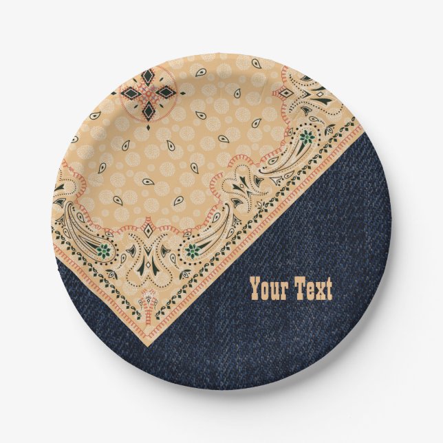 Western Paisley Gold Bandana Print Denim Party 7" Paper Plate (Front)