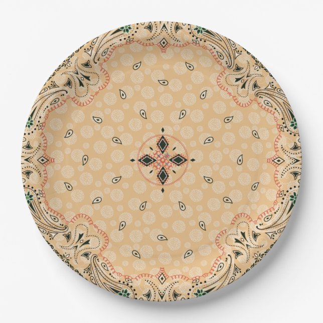 Western Paisley Gold Bandana Print Party 9" Paper Plate (Front)