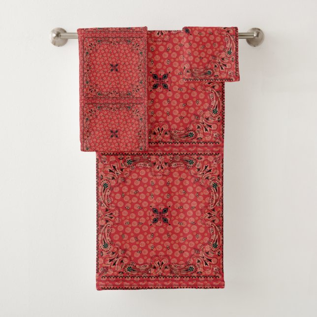 Western Paisley Red Bandana Print Bath Towel Set (Insitu)