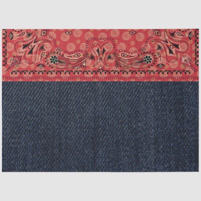 Western Paisley Red Bandana Print Denim Decoupage  Tissue Paper (Front)