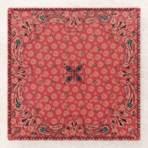 Western Paisley Red Bandana Print Glass Coaster