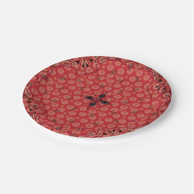 Western Paisley Red Bandana Print Party 7" Paper Plate (Angled)