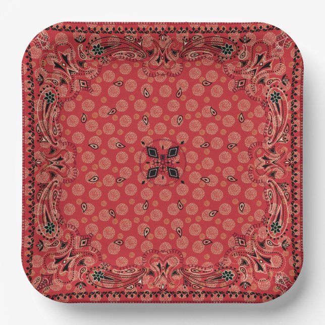 Western Paisley Red Bandana Print Party 9" Sq Paper Plate (Front)