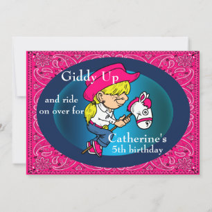 Western Party  Cartoon Cowgirl On Stick Horse Invitation