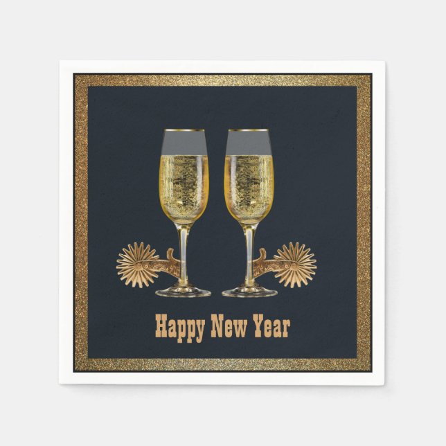 Western Party Champagne And Spurs Happy New Year Napkin (Front)