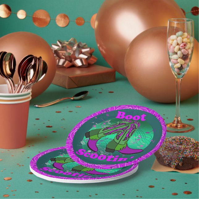 Western Party Cowboy Boot Scootin"  Dance Purple Paper Plate (Multi)