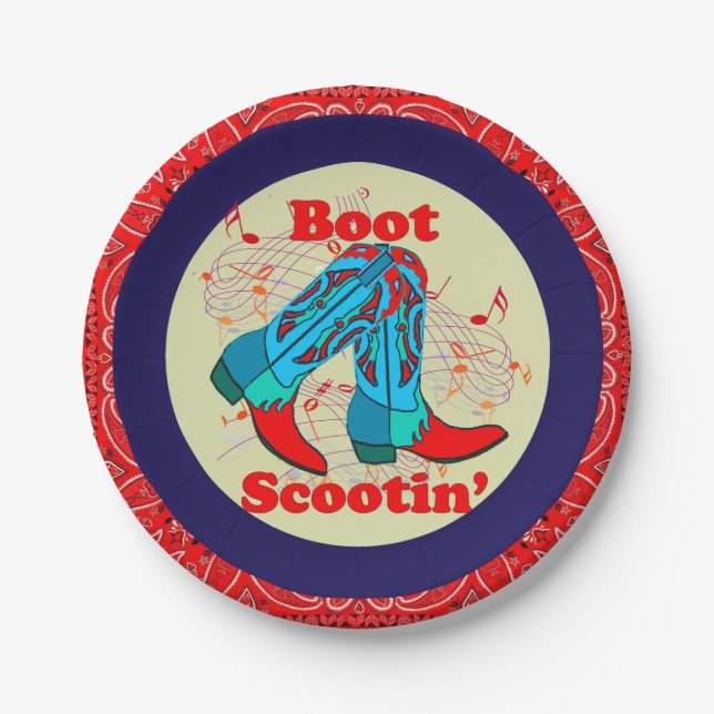 Western Party Cowboy Boot Scootin"  Dance Red Paper Plate (Front)