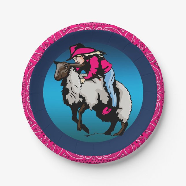 Western Party Cowgirl Mutton Bustin' Pink Bandana Paper Plate (Front)