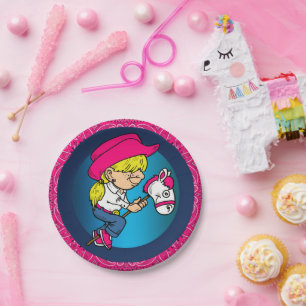 Western Party Cowgirl On Stick Horse Pink Bandana Paper Plate