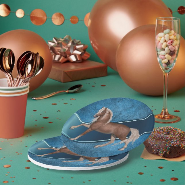 Western Party Horse On Blue Background Paper Plate (Multi)