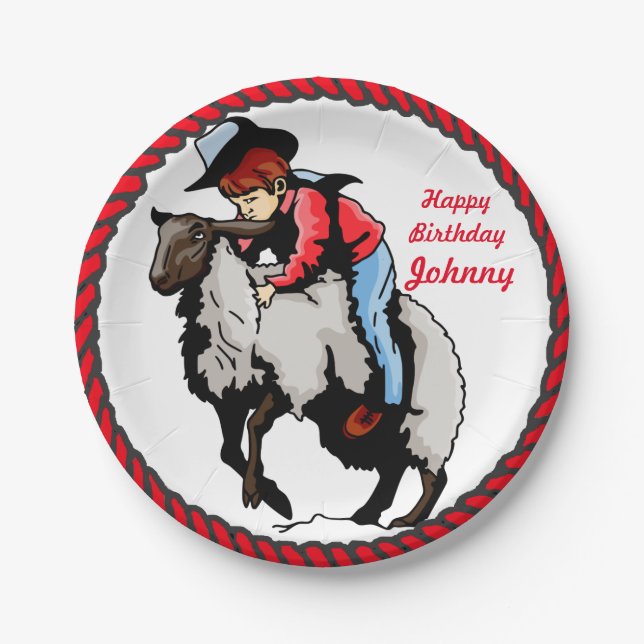 Western Party Mutton Busting Paper Plates (Front)