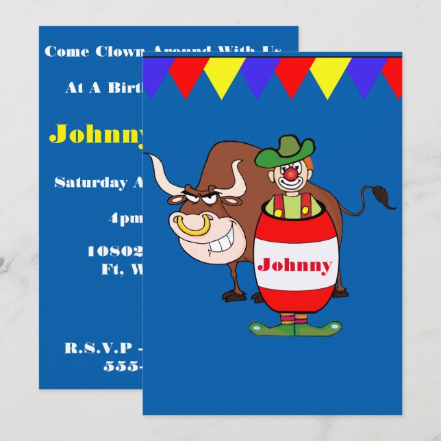 Western Party Rodeo Clown With Bull Personalize Invitation (Front/Back)