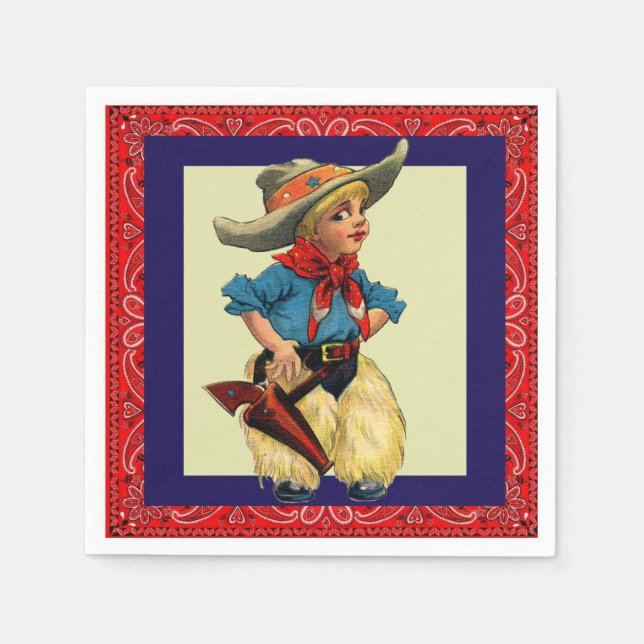Western Party Vintage Cowboy Kid Red Bandana Napkin (Front)