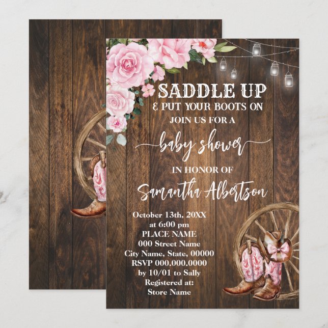 Western Pink Baby Shower Country Boots Invitation (Front/Back)
