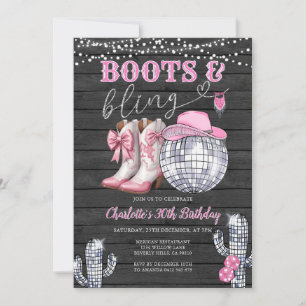 Western Pink Boots & Bling Cowgirl Cactus Birthday Invitation