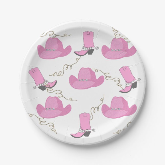 Western Pink Cowboy Boots And Hats Cowgirl Party Paper Plate (Front)