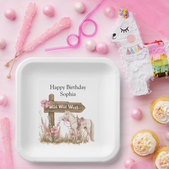 Western Pink Cowgirl Wild West Horse Birthday Paper Plate (Party)