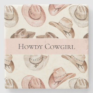 Western Pink Cream Cowgirl Hats Howdy Stone Coaster