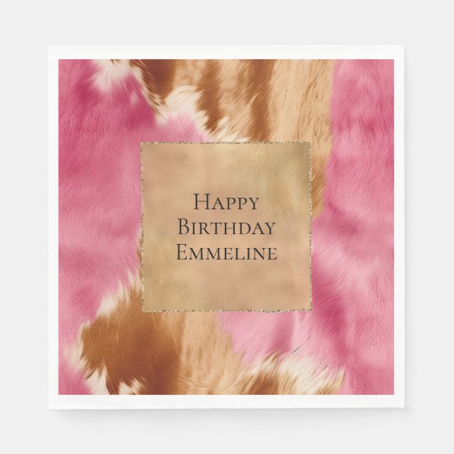 Western Pink Cream Gold Brown Cowgirl Cowhide Napkin (Front)