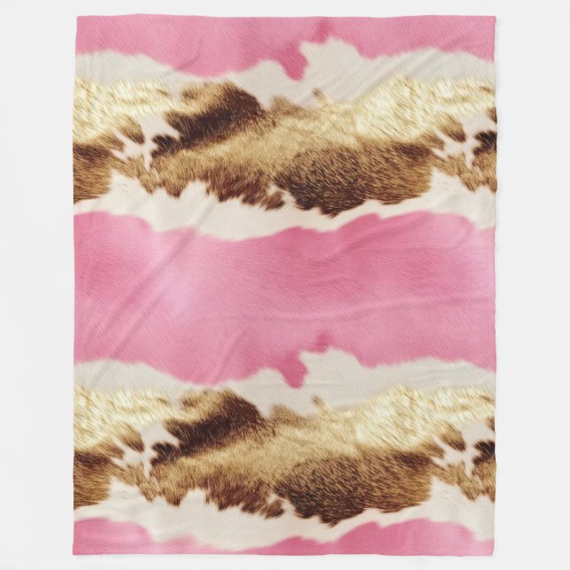 Western Pink Cream Gold Cowgirl Cowhide Fleece Blanket (Front)